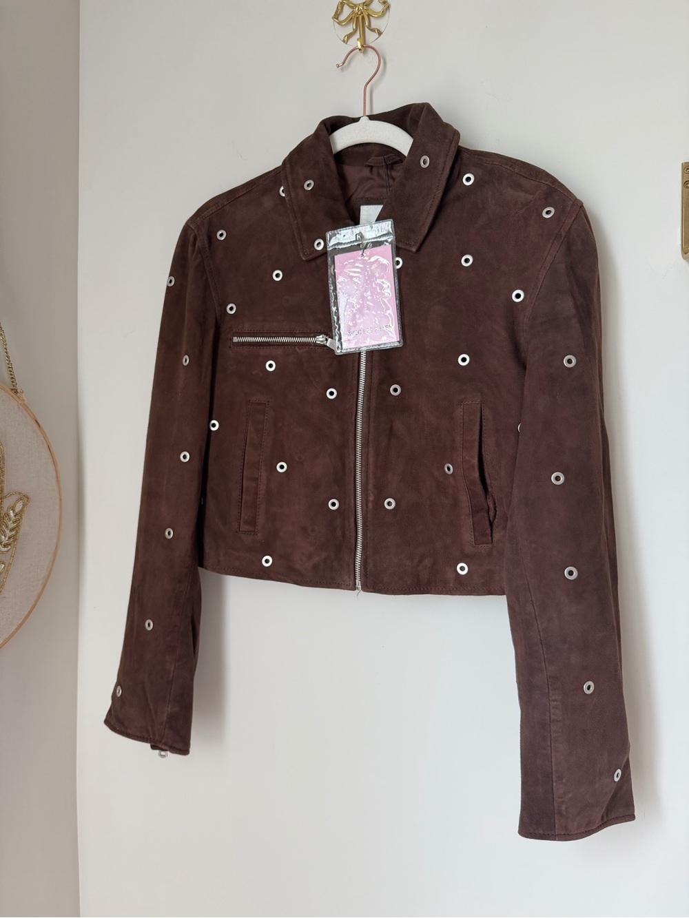 Avec Les Filles Chocolate Brown Suede Grommet Moto Jacket